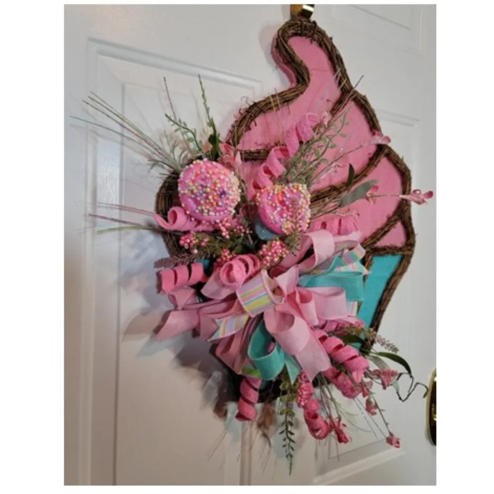 Cupcake Wreath, Pink Blue Birthday Cupcake Front Door Wreath, Hand Crafted